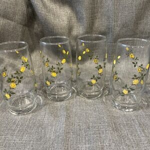 4 Anchor Hocking Cristaleria yellow climbing roses 12 oz tumblers - 6" tall